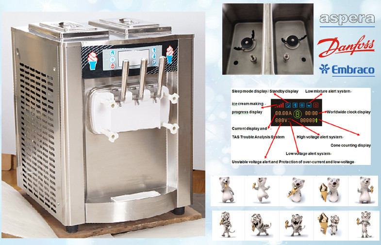Le congélateur mou de service d'acier inoxydable de plan de travail/3 assaisonnent la machine automatique de crème glacée